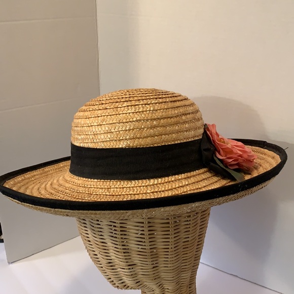 VINTAGE HAT TIGHT STRIP STRAW /w BLACK RIBBON BAND/EDGING PINK SILK FLOWER main image 6